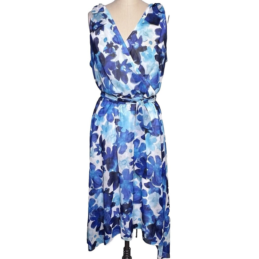 Faux Wrap Dress Blue White Floral DKNY Hi-Lo Hem Lined Sleeveless Midi Sz 16
